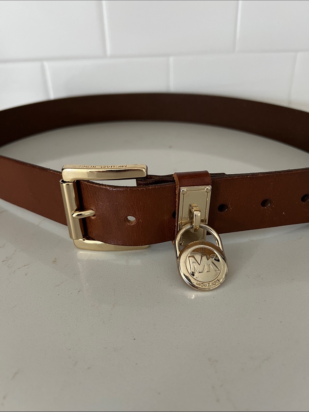 Michael Kors Brown Leather Belt with Gold MK Charm and Buckle